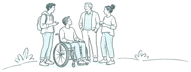 Group of friends chatting, one in a wheelchair
