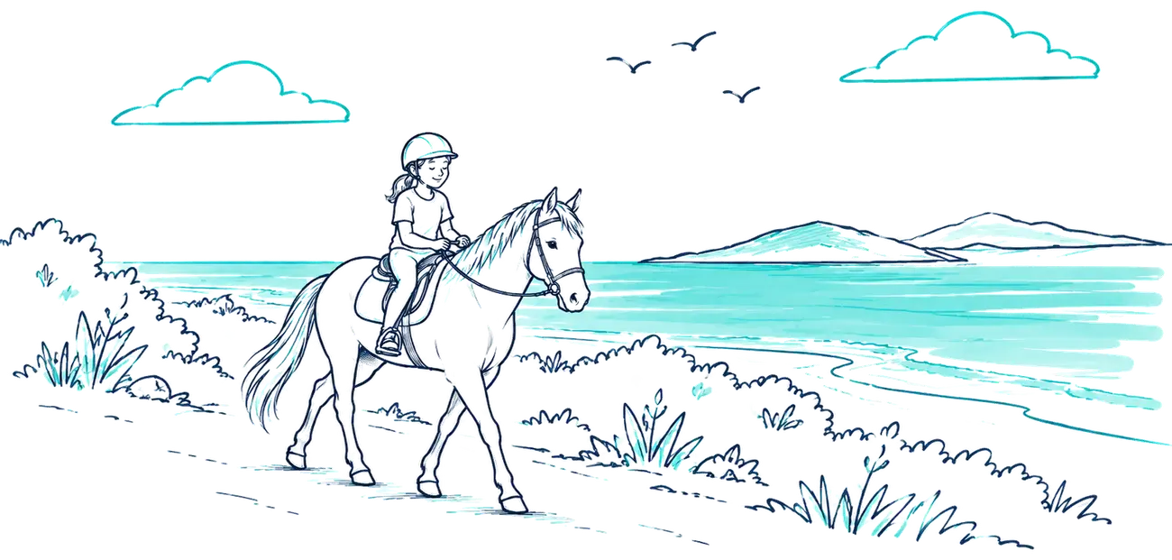 Girl riding a horse along a coastal track
