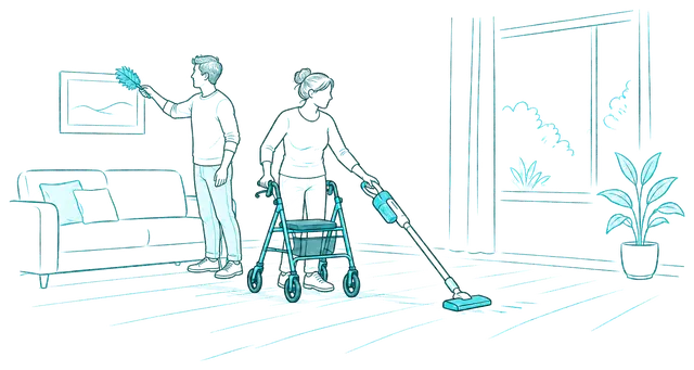 Support worker dusting while a woman with a walker vacuums her living room
